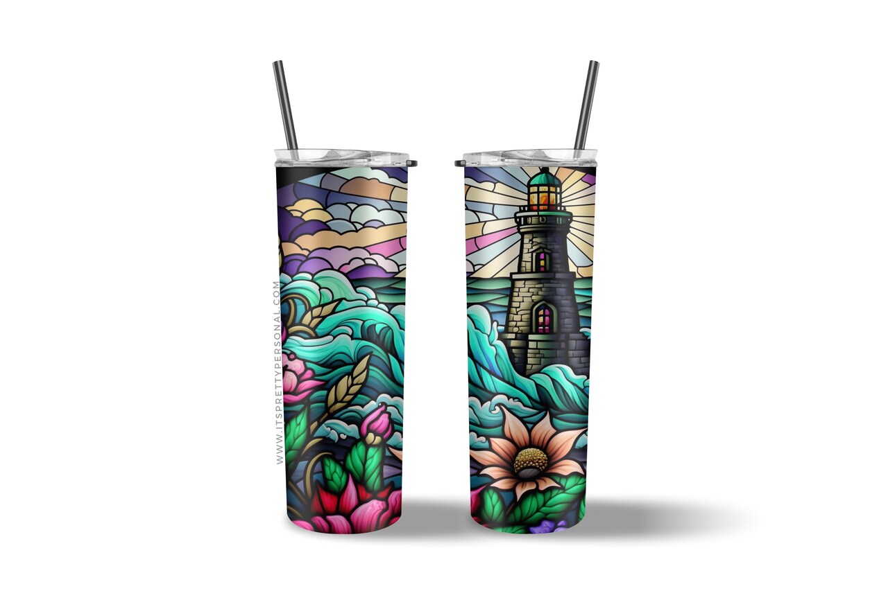 #41 CLEAR- 20oz - Stained Glass Light House 9.4" x 8" Pattern Vinyl Wrap